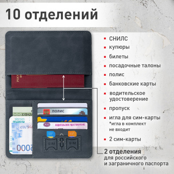 Обложка для паспорта и документов с защитой от считывания, 9 карманов, резинка, экокожа, темно-голубая, BRAUBERG, 238752 за 215 ₽. Обложки для паспорта. Доставка по России. Без переплат!