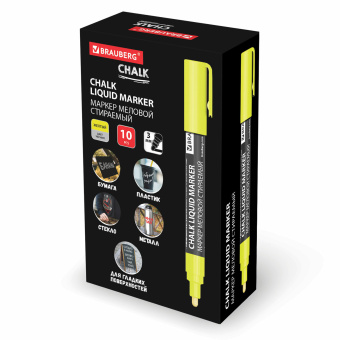 Маркер меловой CHALK LIQUID MARKER, ЖЕЛТЫЙ, 3 мм, стираемый, BRAUBERG "CHALK", 152590 за 94 ₽. Маркеры меловые. Доставка по России. Без переплат!