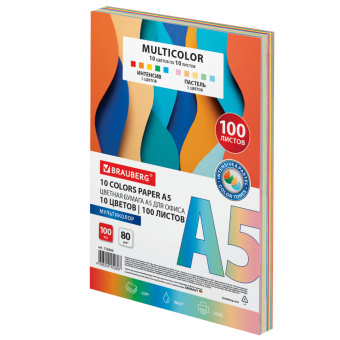 Бумага цветная МАЛОГО ФОРМАТА 10 цветов, BRAUBERG MULTICOLOR А5, 80 г/м2, 100 л., (10 цветов x 10 листов), 116406 за 140 ₽. Бумага цветная форматная. Доставка по России. Без переплат!