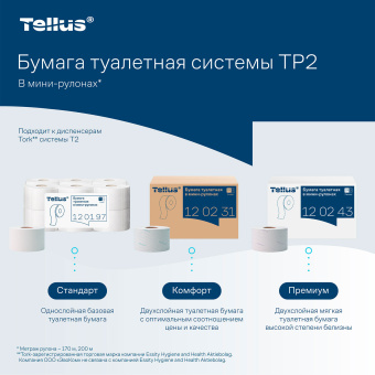 Бумага туалетная 170 метров, Tellus/TORK (Система T2) ADVANCED, КОМПЛЕКТ 12 рулонов, 2-слойная, белая, 120231 за 3&nbsp;386 ₽. Туалетная бумага профессиональная. Доставка по России. Без переплат!