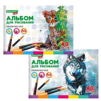 Альбом для рисования, А4, 40 листов, скоба, обложка картон, BRAUBERG KIDS, 200х285 мм, "Зверята" (2 вида), 106683 за 80 ₽. Альбомы и папки для рисования. Доставка по России. Без переплат!