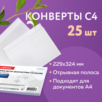 Конверты С4 (229х324 мм), отрывная лента, 100 г/м2, КОМПЛЕКТ 25 шт., BRAUBERG, 121852 за 254 ₽. Конверты почтовые. Доставка по России. Без переплат!