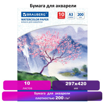 Бумага для акварели БОЛЬШАЯ А3, 10 л., 200 г/м2, 297х420 мм, BRAUBERG, "Сакура", 125224 за 147 ₽. Альбомы и бумага для акварели и масла. Доставка по России. Без переплат!