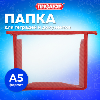 Папка для тетрадей ПИФАГОР А5, пластик, молния сверху, прозрачная, красный, 272114 за 133 ₽. Папки для тетрадей и уроков труда. Доставка по России. Без переплат!