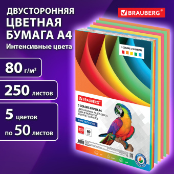 Бумага цветная BRAUBERG, А4, 80 г/м2, 250 л. (5 цветов х 50 листов), интенсив, для офисной техники, 112464 за 726 ₽. Бумага цветная форматная. Доставка по России. Без переплат!