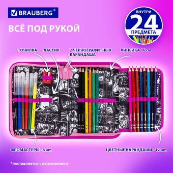 Пенал BRAUBERG с наполнением, 1 отделение, 1 откидная планка, 24 предмета, 21х14 см, "Комиксы", 272349 за 622 ₽. Пеналы с наполнением. Доставка по России. Без переплат!