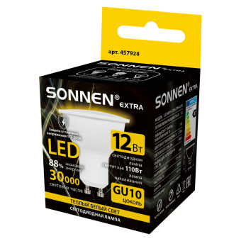 Лампа светодиодная SONNEN EXTRA, 12 (110) Вт, GU10, софит, теплый белый, 30000 ч, LED MR16-GU10-12W-2700, 457928 за 64 ₽. Лампы светодиодные. Доставка по России. Без переплат!